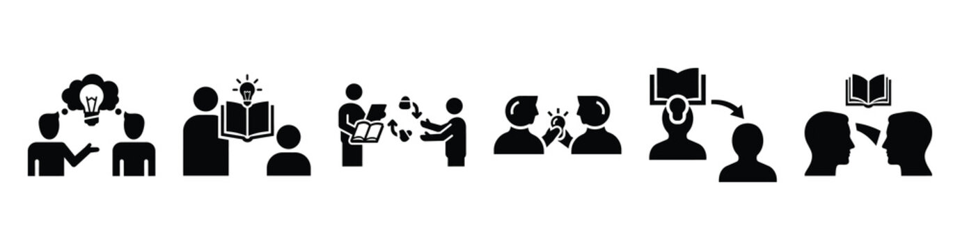 A collection of knowledge sharing silhouette business icon set, black color and white background