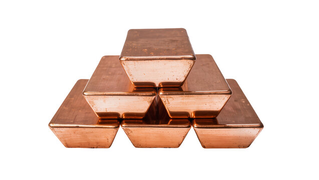 Stack of shiny copper ingots, isolated on transparent background