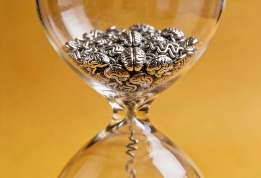 Intricate hourglass filled with miniature brain sculptures symbolizing the passage of time, knowledge retention, and cognitive evolution captured against a sophisticated golden backdrop