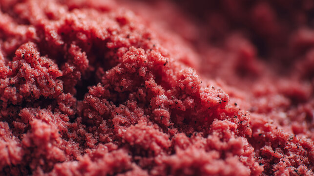 Macro shot of ground beef texture with fine details and fresh red color
