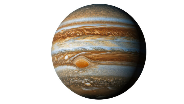 Giant striped gas planet Jupiter with Great Red Spot, isolated on transparent background