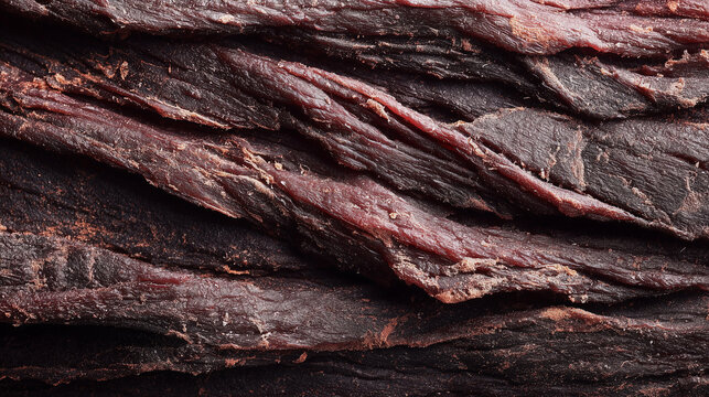 Close-up of beef jerky texture with dry, fibrous surface details