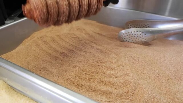 A close-up shot of a chef's gloved hands rolling a freshly baked, spiral-shaped chimney cake on a wooden cylinder through a tray of aromatic cinnamon and sugar.