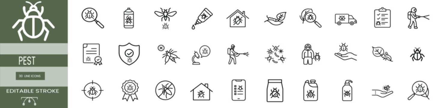 Pest control line icons set insect exterminator sprayer bug life cycle pesticide chemical bottle sanitation service truck parasite prevention & more with editable stroke.