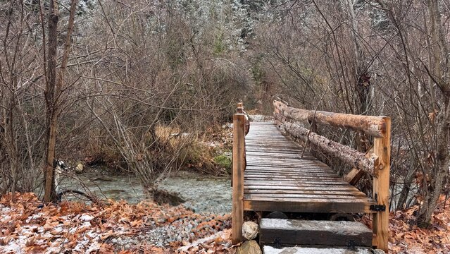 Rustic Wooden Footbridge Over Mountain Stream in Winter, Zarouhla, Peloponnese, Greece
