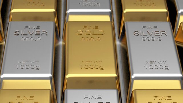 Rows of gold and silver bullion bars fill the frame as the camera slowly pushes in over reflective precious metal ingots, 3D render