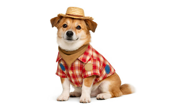 Domestic dog wearing traditional Festa Junina outfit isolated on pure white background