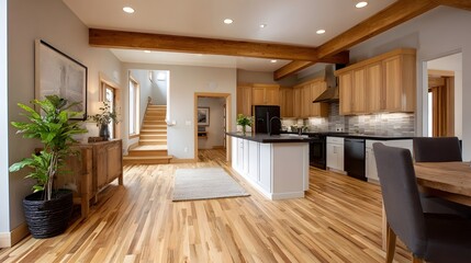 Naklejka premium Bright open concept home interior featuring modern kitchen design and warm wooden beams in a spacious living area