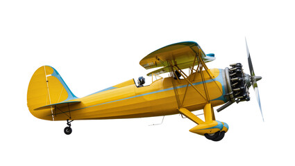 Yellow biplane with blue accents, isolated on transparent background © Luke