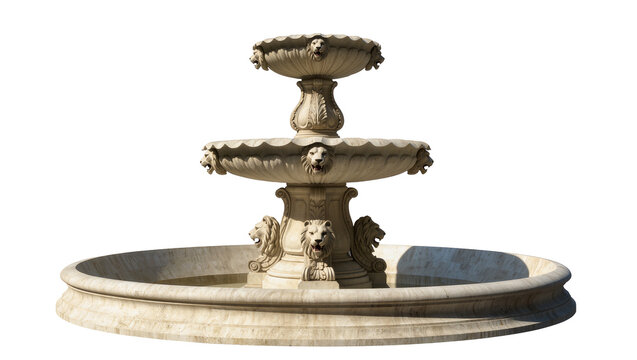 Ornate tiered stone fountain with lion heads, isolated on transparent background