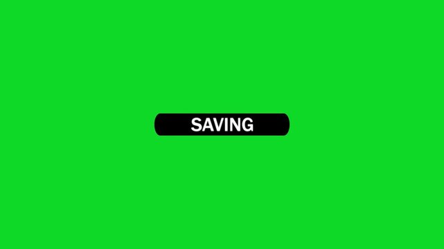 A black rounded button with the white text saving is centrally placed on a bright green screen background, with a computer mouse cursor pointing at the button