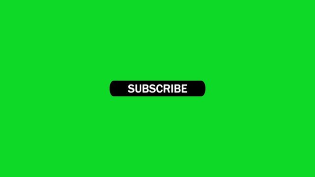 Animated black oval button with white text subscribe' and a cursor pointer hovering over it on a bright green background for keying and compositing keywords: subscribe, button