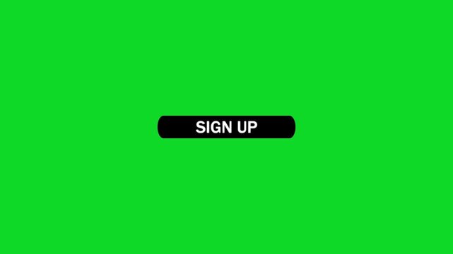 Animated black oval button with white text signup' and a cursor pointer hovering over it on a bright green background for easy keying out and compositing keywords: sign, up, button
