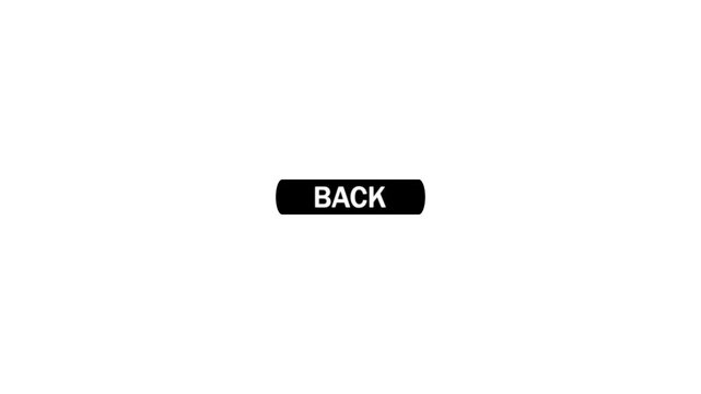 A black rounded rectangle button with the word back in white capital letters is positioned centrally on a white background, with a black cursor arrow pointing to it, indicating the