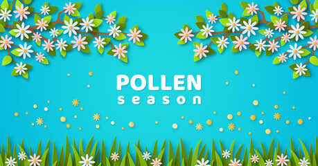 Fototapeta premium Flowering trees, bloom branch, visible pollen in blue sky. Vector illustration. 3d Paper spring allergy season concept. Pollen forecast background. Allergic poster banner