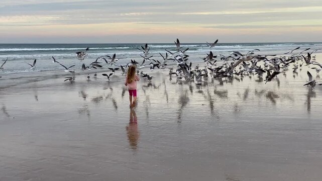 The child chases dozens of birds as they take flight from the shoreline into the overcast sky. Their reflections are visible on the wet, shimmering sand as the ocean waves gently roll in.
