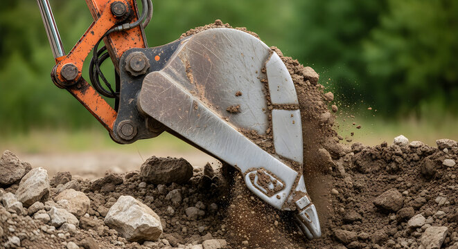 Excavator construction machinery dig earth soil bucket metal outdoor work lineated barbet bird watch worker feed cable near nest and chick safe from vibration and dust during excavation activity 