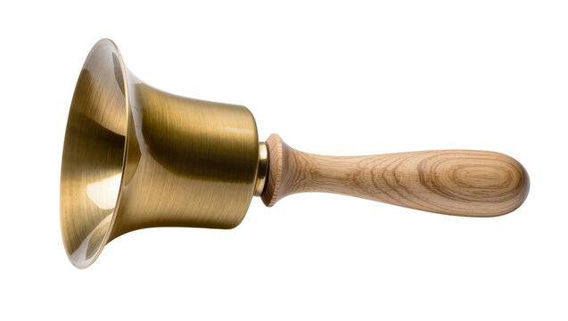 Antique brass hand bell with wooden handle, isolated on transparent background