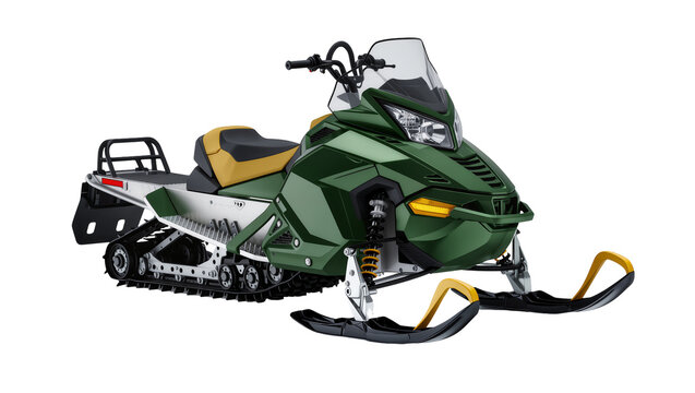 Green and yellow snowmobile with black track and skis, isolated on transparent background
