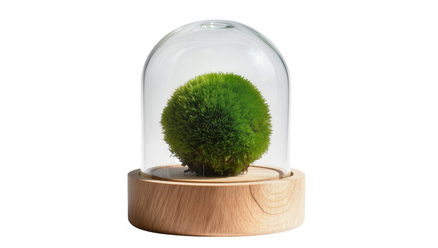 Green moss ball inside glass dome on wooden base, isolated on transparent background