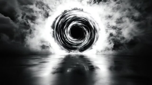 Black hole portal in an ominous monochrome fantasy environment with swirling vortex effect and reflective surface
