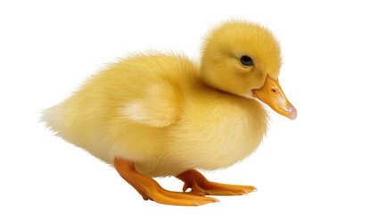 Fluffy yellow duckling with orange beak and feet, isolated on transparent background © Luke