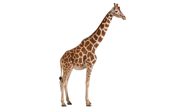 Tall spotted giraffe standing, isolated on transparent background