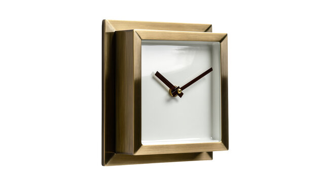 Modern square brass clock with white face and dark hands, isolated on transparent background