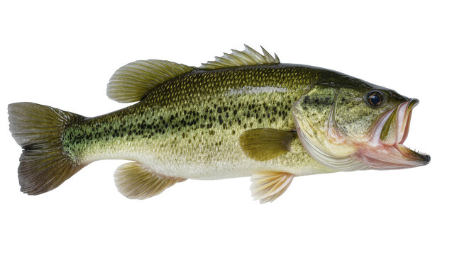 Large green spotted bass fish with open mouth, isolated on transparent background