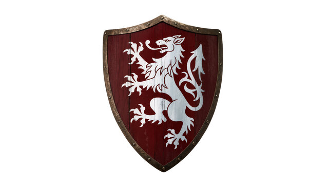 Medieval wooden shield with white lion emblem, isolated on transparent background
