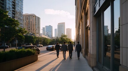 Obraz premium Three professionals walk down a wide urban sidewalk adjacent to modern architecture with a city skyline view