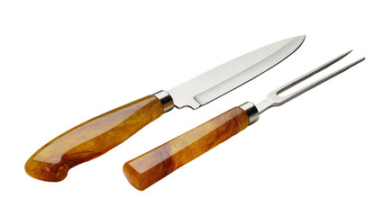 Fototapeta premium Polished stainless steel carving knife and fork with amber resin handles, isolated on transparent background