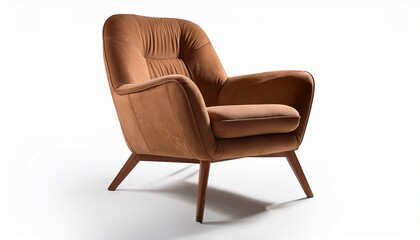 Fototapeta premium a comfortable suede lounge chair with wooden legs featuring an artistic modern shape and brown color minimalistic furniture on isolated white background stock image hd quality