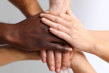 Fototapeta premium Multiple hands of diverse ethnicities stacked together on white background