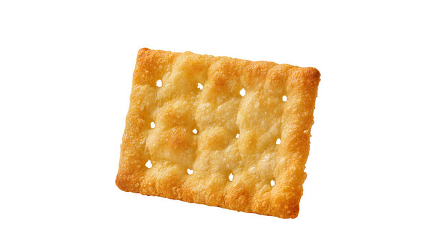 Golden baked square cracker with perforated holes, isolated on transparent background
