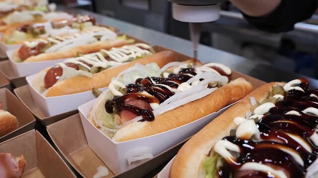 A close-up shot of a freshly prepared gourmet hot dog in a white paper tray. The hot dog is topped with fresh lettuce, onions, and a generous drizzle of creamy white mayonnaise and a thick, dark savor