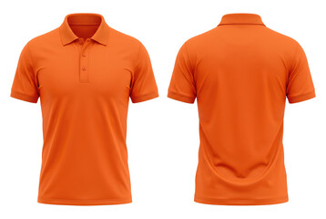 Blank orange short-sleeve polo shirt mockup, front and back view, for design print. Isolated on transparent background, png