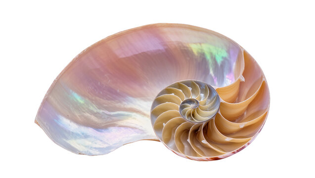 Nautilus shell cross-section with iridescent mother-of-pearl interior, isolated on transparent background