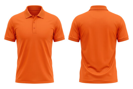 Blank orange short-sleeve polo shirt mockup, front and back view, for design print. Isolated on transparent background, png