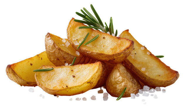Golden baked potato wedges with rosemary and coarse salt, isolated on transparent background