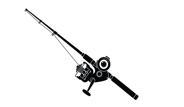 A detailed black and white illustration showcases a fishing rod with reel line and components presented as a silhouette high quality professional modern elegant