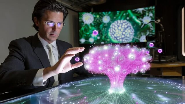 Interactive holographic technology demonstration with futuristic display