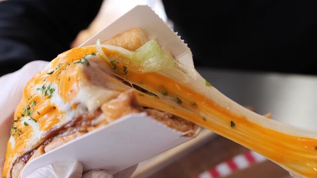 A close-up high-definition footage of a delicious toasted sandwich with a large, gooey, and stretching cheese pull. This content is suitable for commercial use.