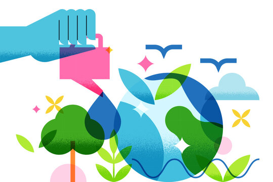 Eco friendly vector concept. Hand watering planet Earth with trees, plants. Abstract design for environmental protection