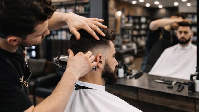 Professional male barber with apron trimming beard of client in modern barbershop.
