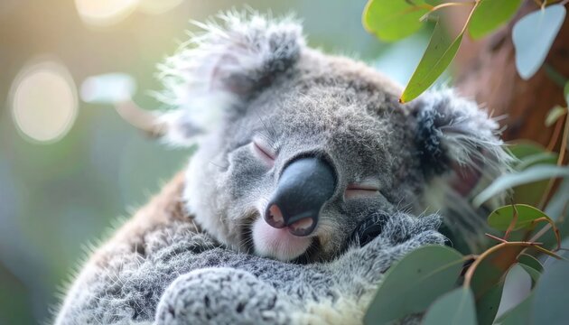 Adorable Koala Sleeping Peacefully in Eucalyptus Tree Branches.