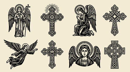 Fototapeta premium Linocut Angel and Cross Illustration Set: Black Woodblock Graphic Elements on Cream Background