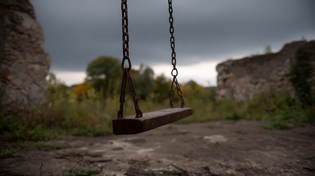 Rusty old swing seat with heavy chains in a derelict, overcast outdoor setting, evoking feelings of abandonment and melancholy