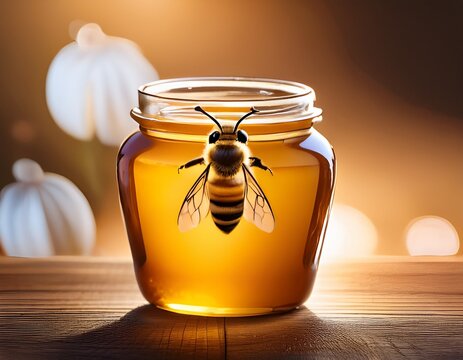 macro shot of bee in the honey jar on wooden table