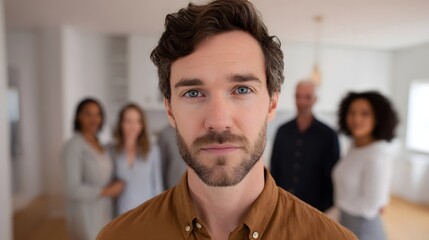 Fototapeta premium A confident man in the foreground looks at the against a soft focus background of people in a modern home